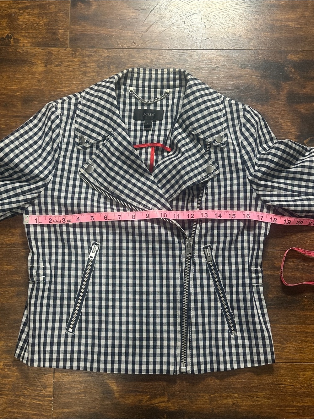 🚨 J.Crew Navy Gingham Cropped Moto Jacket Sz 6 EUC ✨ - Picture 3 of 8